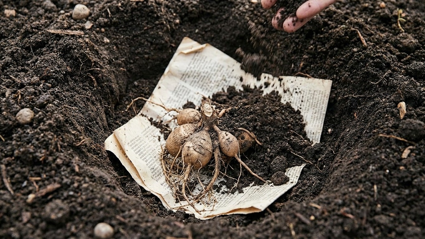 « Pose du journal au fond du trou » : depuis qu'un ancien m'a montré ce geste, mes dahlias ne pourrissent plus jamais en t...