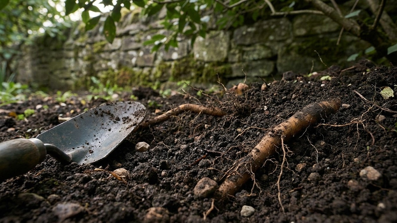 Mes roses trémières poussaient contre le mur depuis trois ans sans engrais : en creusant au pied cet automne, j'ai compris...