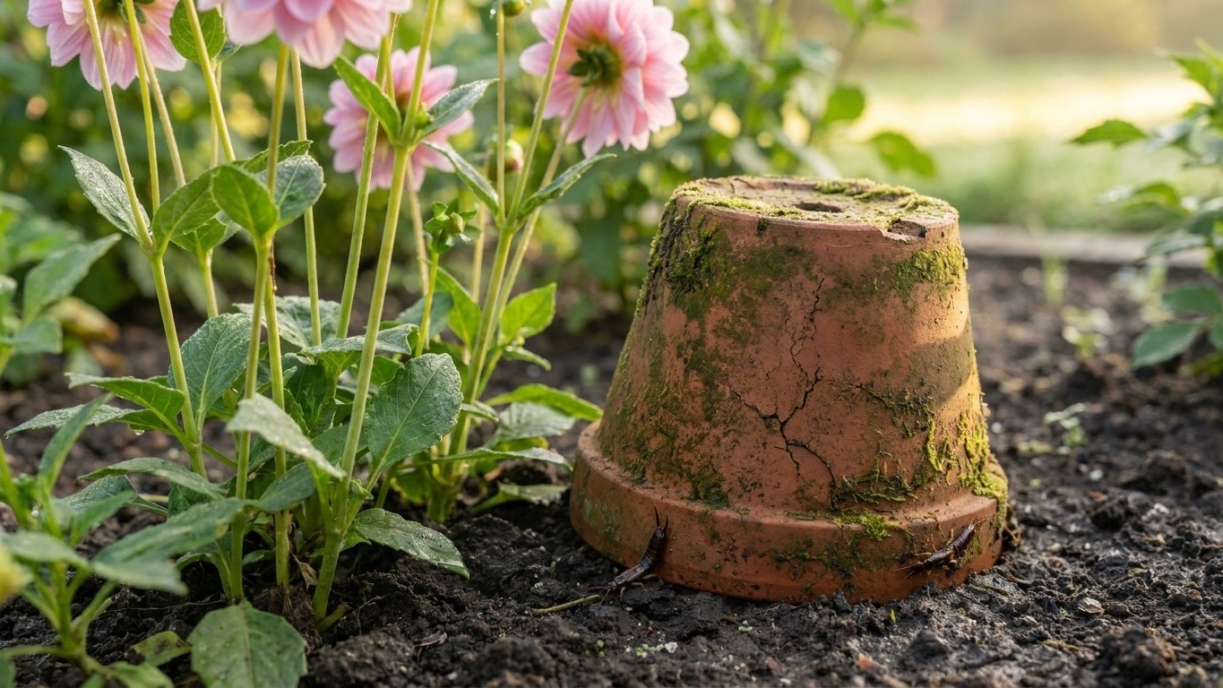 J'ai posé un pot renversé sur mon massif de dahlias pour piéger les perce-oreilles : en le vidant au bout d'une semaine, j...
