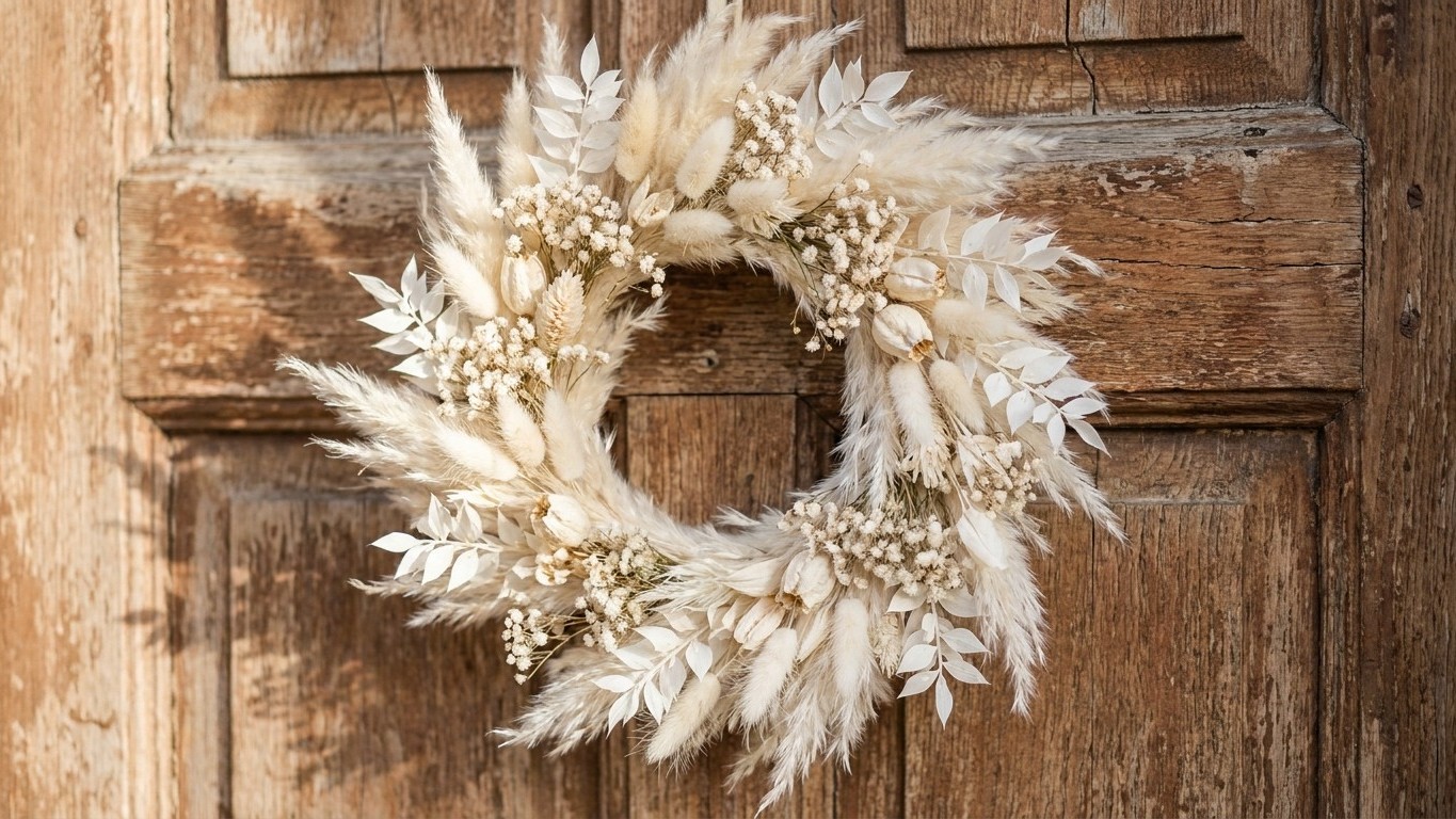 Couronne de Noël fleurs séchées blanche : l'option qui s'accorde avec toutes les décos