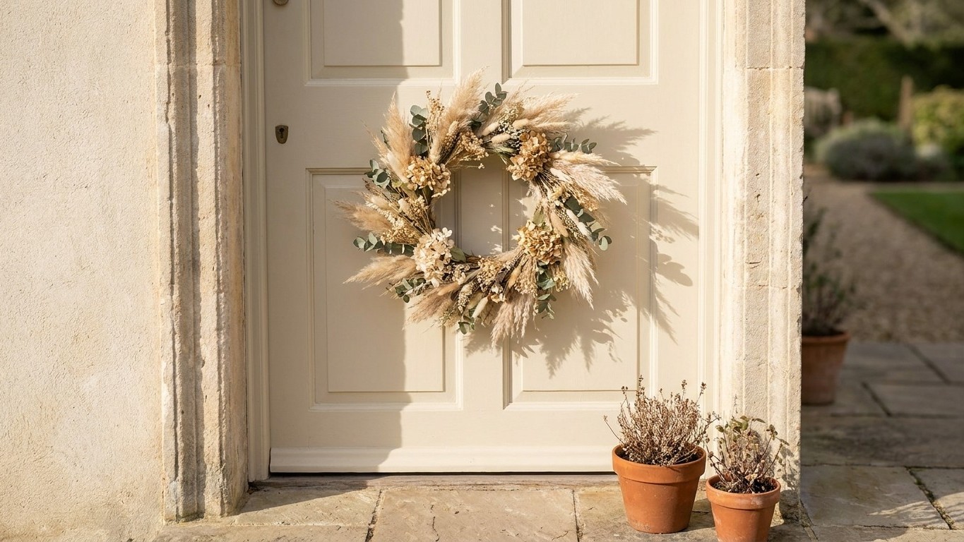 Couronne de Noël fleurs séchées porte d'entrée : la taille qui évite l'effet trop petit