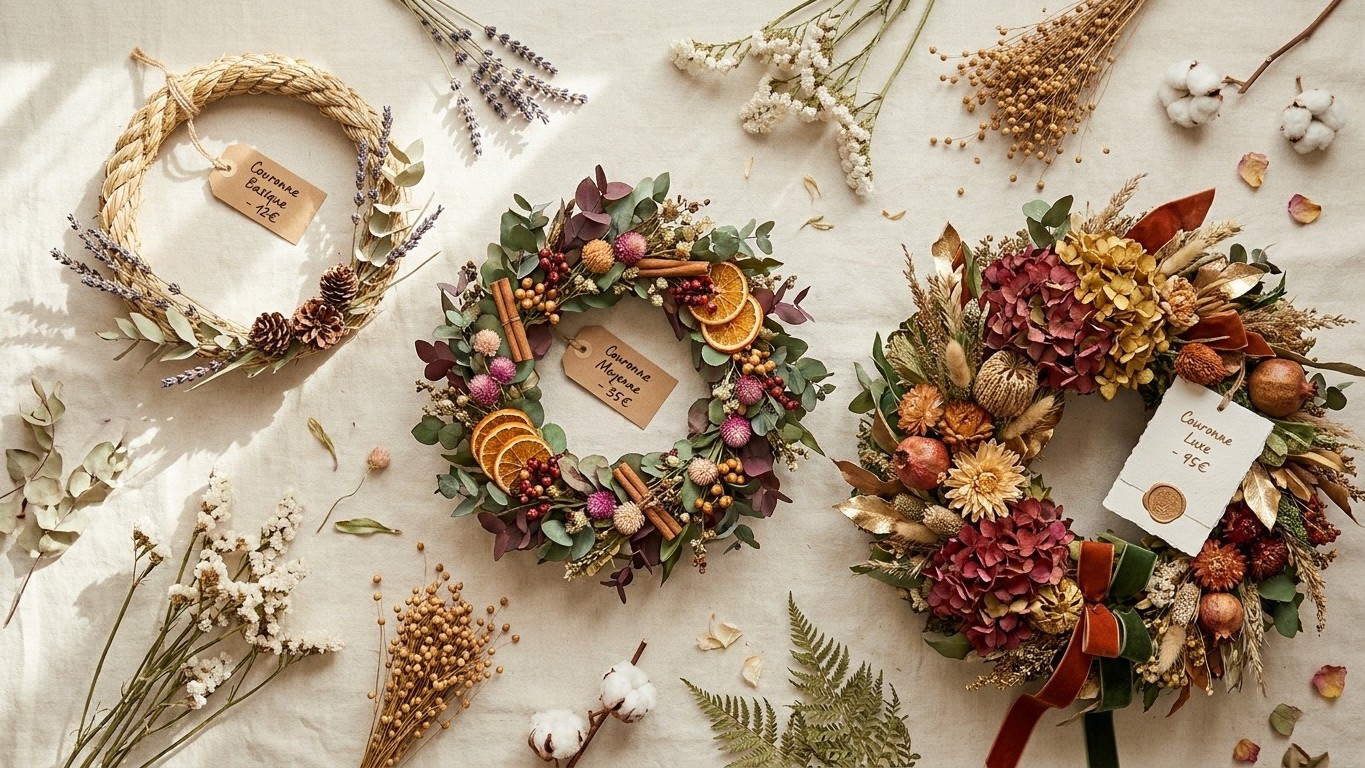 Couronne de Noël fleurs séchées prix : ce qui justifie l'écart de 1 à 5 sur le marché