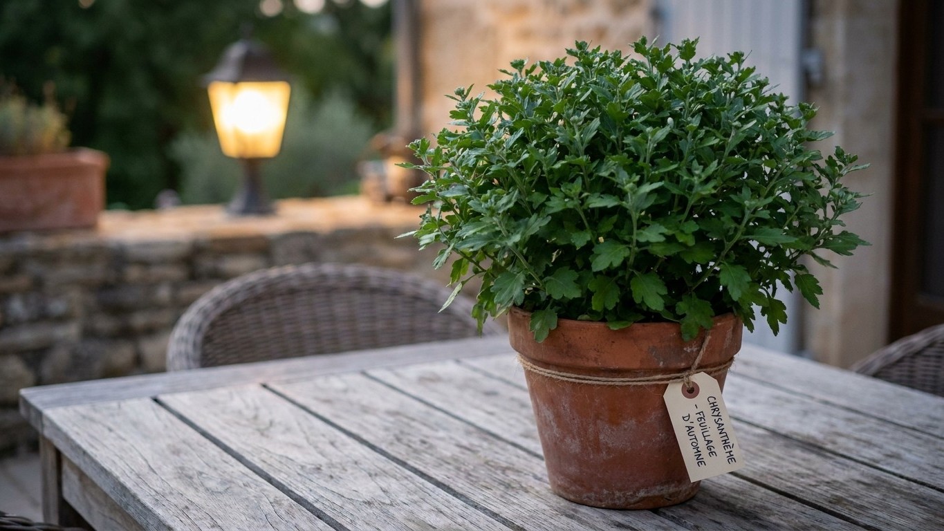 J'ai gardé mon chrysanthème en pot juste sous la lampe de la terrasse tout septembre pour le voir le soir : à la Toussaint...