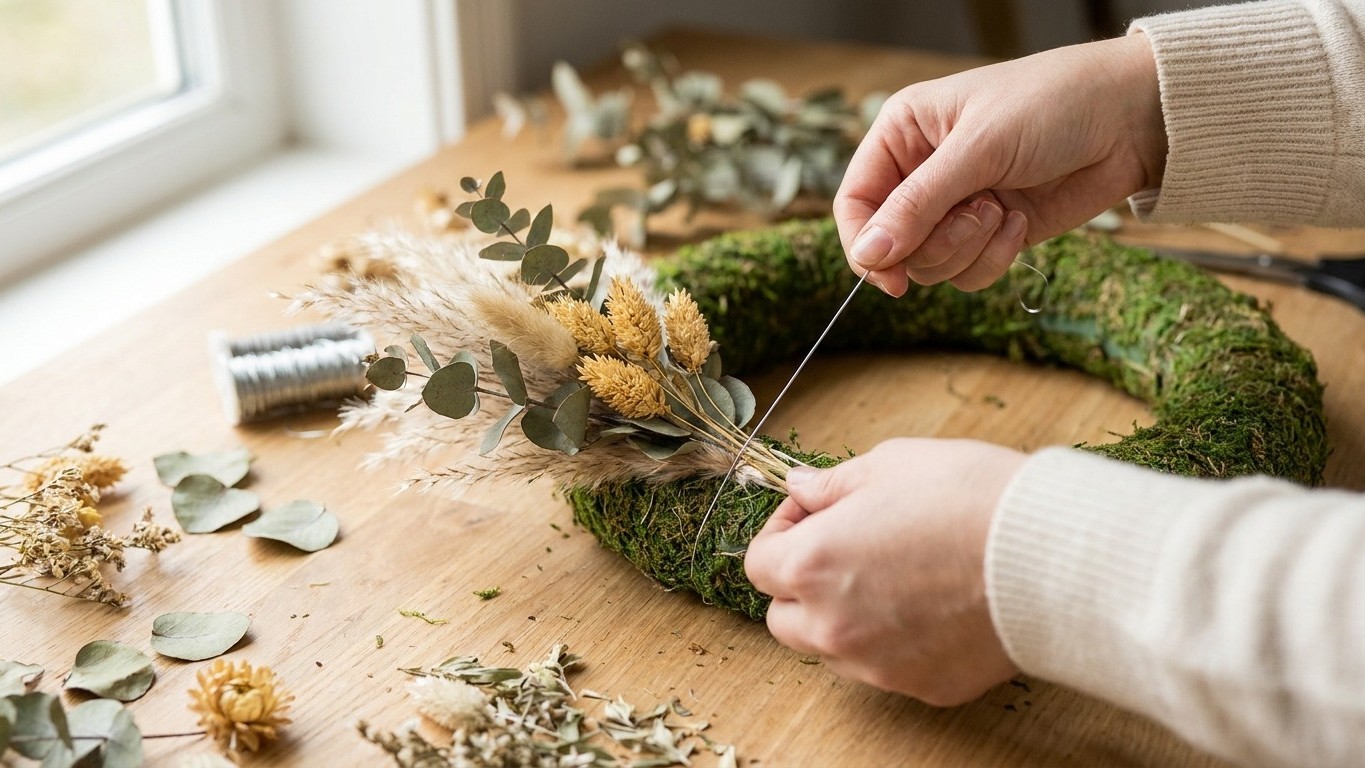 Tuto couronne de Noël fleurs séchées : les 6 étapes filmées que suivent les fleuristes pro