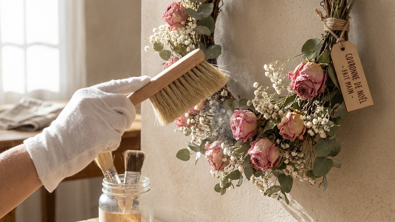Entretenir une couronne de Noël en fleurs séchées : le geste mensuel qui évite la poussière