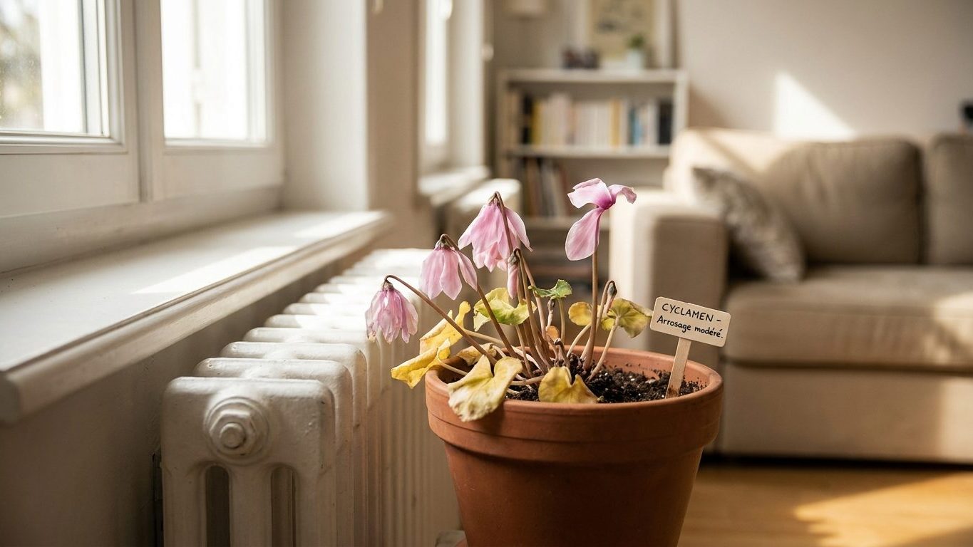 J'ai installé mon cyclamen fleuri près du radiateur du salon pour en profiter tout l'hiver : dix jours plus tard, toutes l...