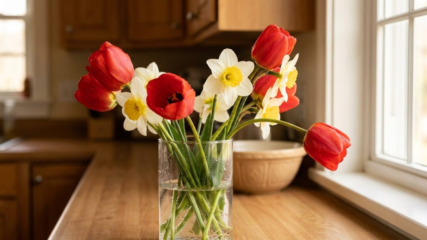J'ai monté mon bouquet de tulipes et de narcisses le matin même : le lendemain soir, toutes les têtes pendaient par-dessus...