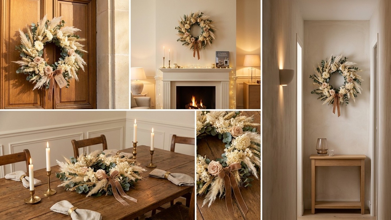 Idée déco couronne de Noël fleurs séchées : 4 emplacements qui changent tout dans une maison