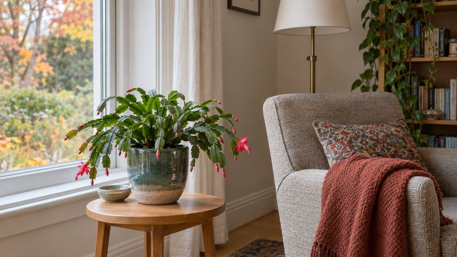 J'ai installé mon cactus de Noël à côté du fauteuil où je lis chaque soir d'octobre : en décembre, j'ai compris pourquoi p...