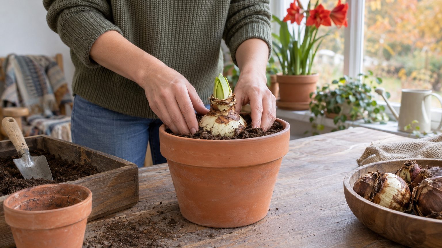 Planter un bulbe d'amaryllis en pot : taille du pot, profondeur, arrosage et délai jusqu'à la floraison