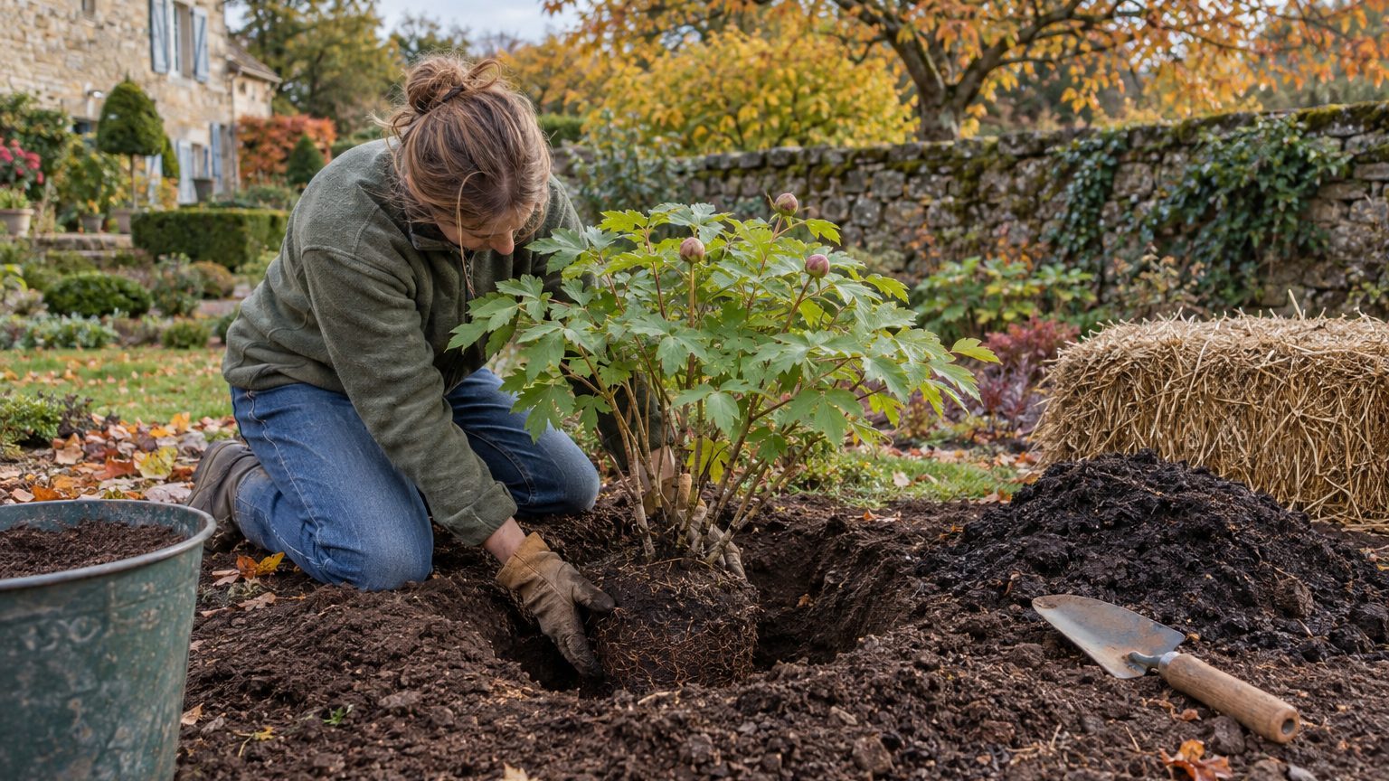 Planter une pivoine arbustive : période, trou de plantation, greffe